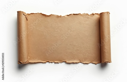 Isolated brown paper scroll with ripped jagged edges on transparent background. Old blank parchment scrap fragment with rough texture and aged design for vintage artworks, designs.