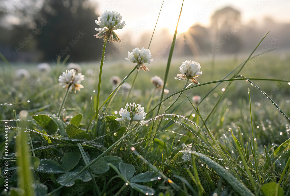 delicate harmony and pristine moments of a new day commence with essence of purity and awakening found in white clover flowers nestled in dew-kissed grass during early morning