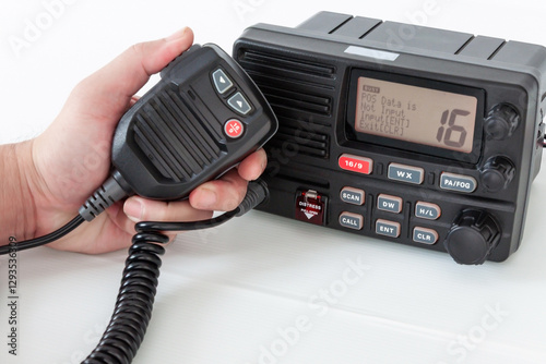 Trunk radio hand handle with speaker and display showing communication information