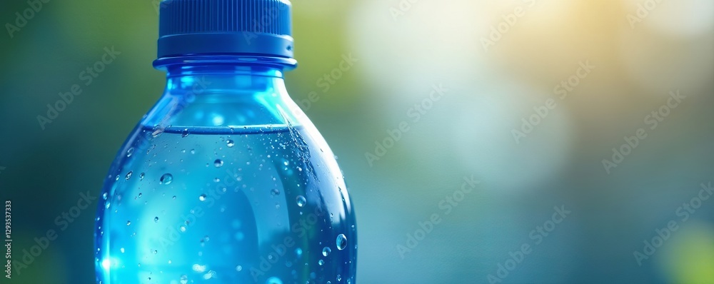 Close-up of blue eco-friendly water bottle with droplets, drink, sustainable Close-up of blue eco-friendly water bottle with droplets, drink, sustainable