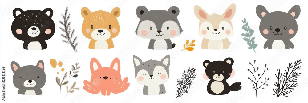 Cute cartoon animals in colorful sticker set featuring bear, fox, raccoon, and more, surrounded by playful foliage. Perfect for children decor and crafts Cute cartoon animals in colorful sticker set featuring bear, fox, raccoon, and more, surrounded by playful foliage. Perfect for children decor and crafts