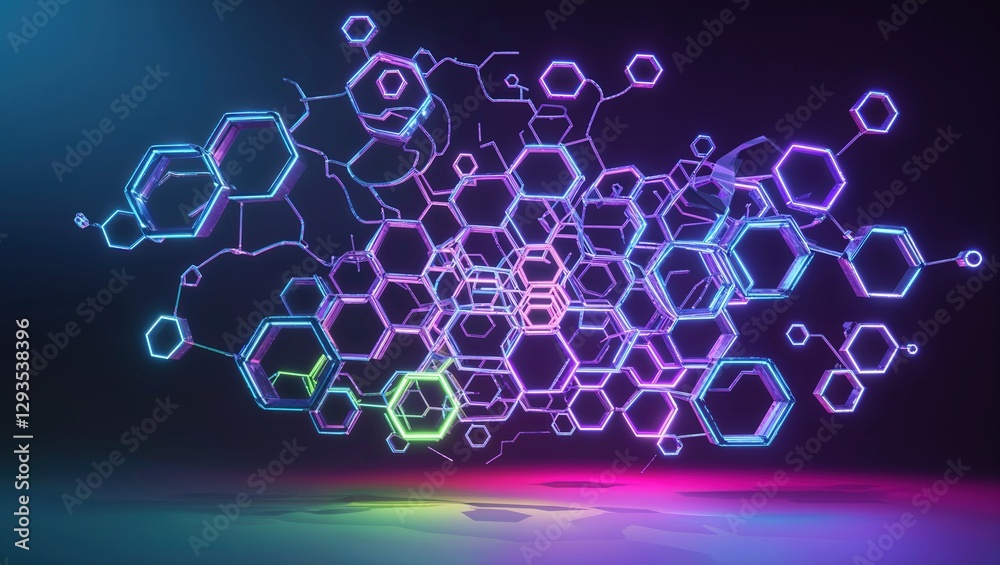 Obraz premium A vibrant abstract background features a dynamic arrangement of colorful 3D shapes, including interconnected hexagons and glowing lines, perfect for creative uses