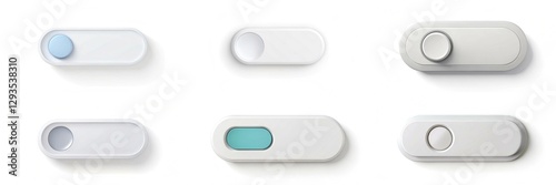 A set of six buttons, each with a different color and design, are arranged in a row. The middle button is blue, and the other buttons are white. The blue button stands out from the rest