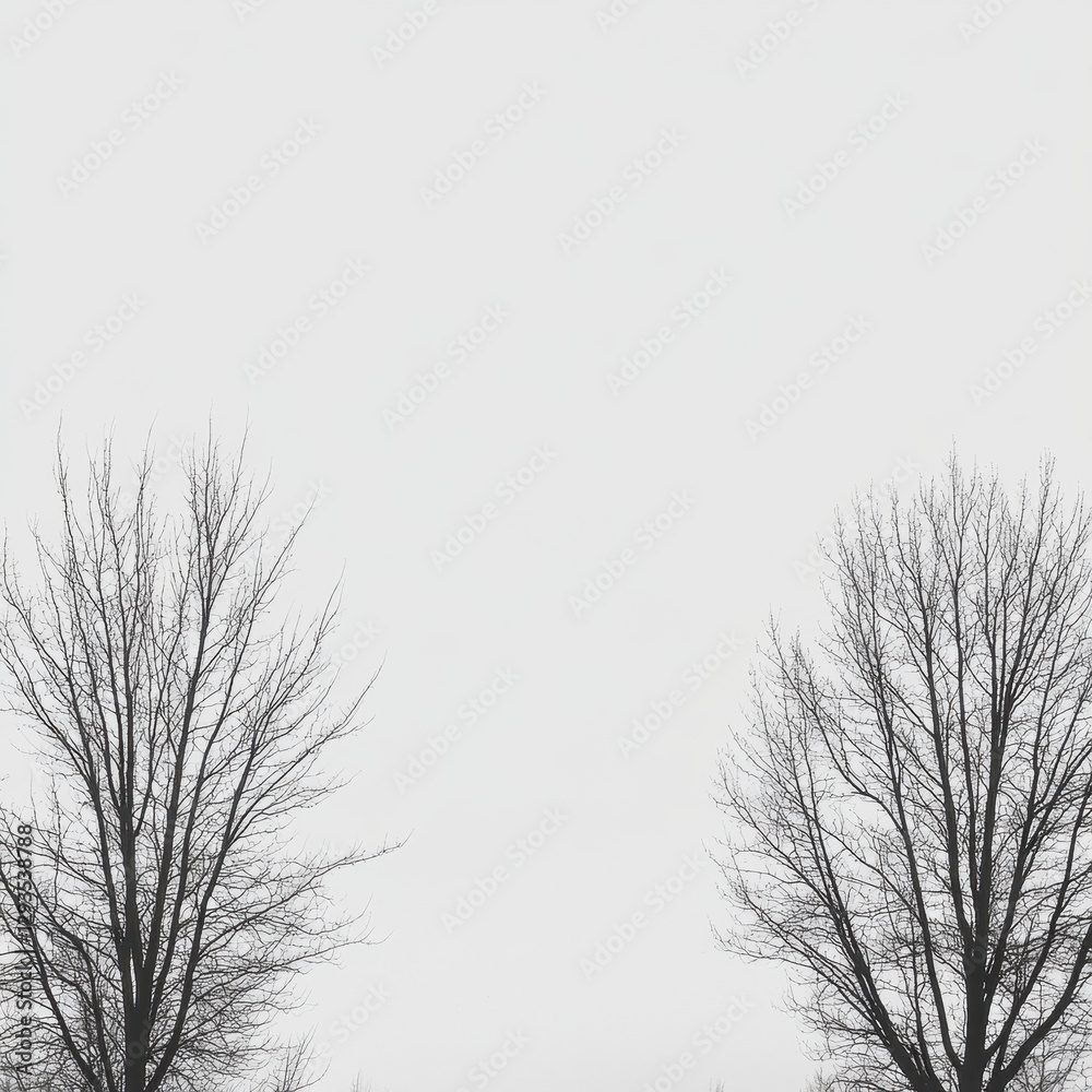 Bare trees against white background create serene and minimalist atmosphere, evoking feelings of calmness and tranquility
