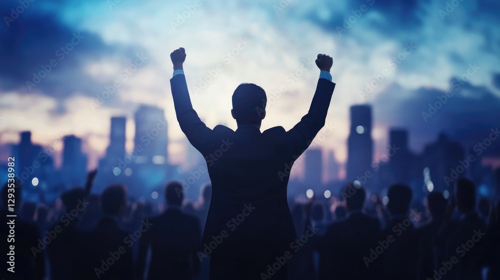 Triumphant Businessman Silhouette Against City Skyline Triumphant Businessman Silhouette Against City Skyline