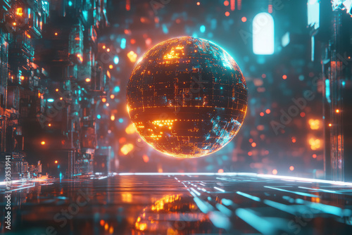 A high-tech futuristic energy sphere floating in deep cyberspace, surrounded by glowing digital connections, cybernetic light waves, and holographic AI-driven symbols. The abstract sci-fi background