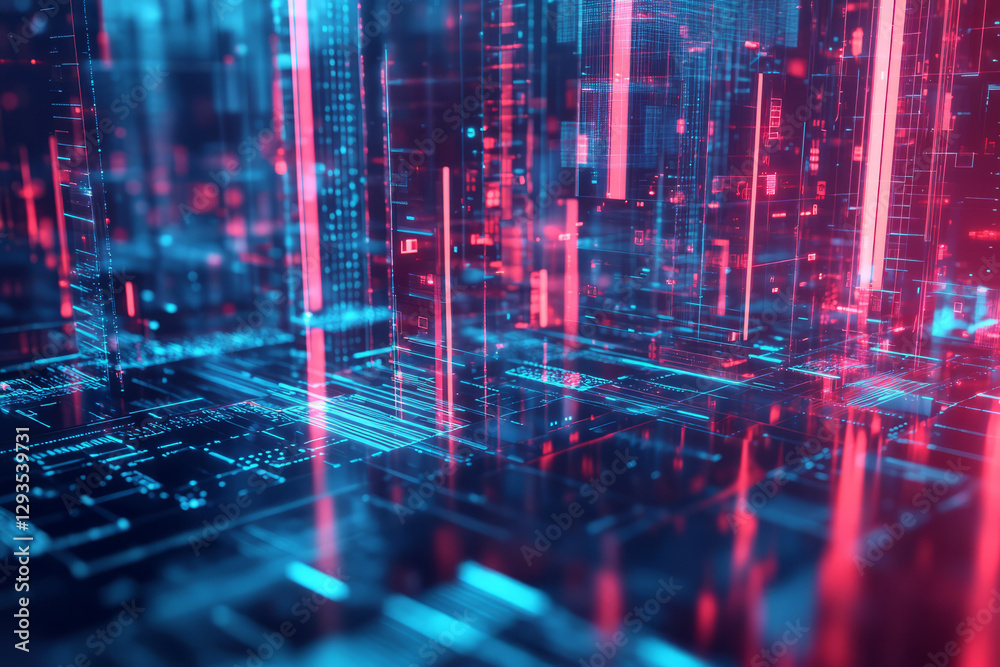 Fototapeta premium Abstract futuristic background with 3D-rendered interconnected geometric shapes, floating digital grids, cyberpunk-style neon lighting, and ultra-detailed reflections. Tech-based visualization, high
