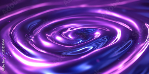A visually striking abstract background featuring intricate concentric waves of glowing light, dynamically pulsating with neon blue and purple hues. The fluid cybernetic patterns evoke a futuristic