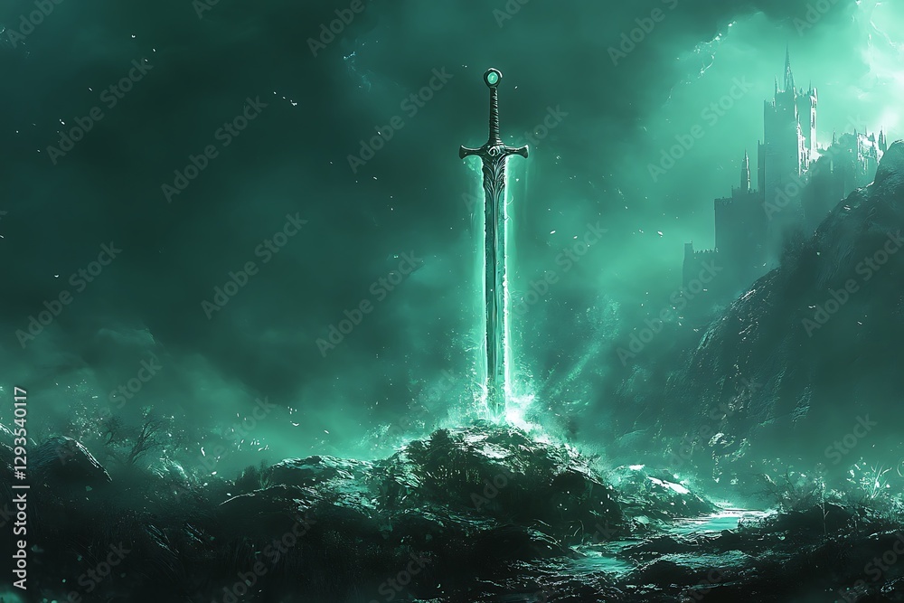 Fototapeta premium Glowing Sword in Dark Fantasy Realm