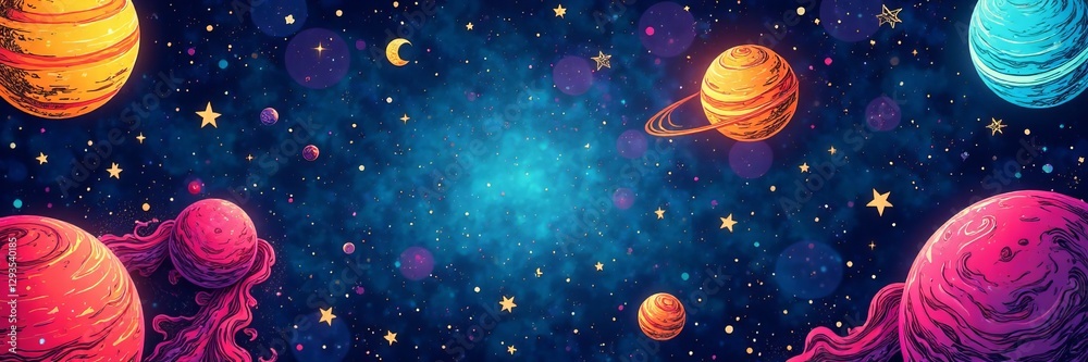 Naklejka premium Abstract colorful seamless doodle space pattern with stars and planets, universe, galaxy
