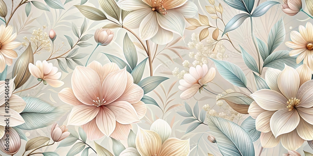 Elegant Floral Pattern Featuring Delicate Blooms and Lush Greenery in a Soft Color Palette Elegant Floral Pattern Featuring Delicate Blooms and Lush Greenery in a Soft Color Palette