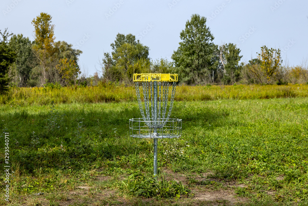 Disc golf basket in Wawer district of Warsaw city, capital of Poland
