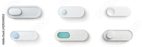 A set of six buttons with different colors and shapes. The buttons are white and blue. The buttons are arranged in a row