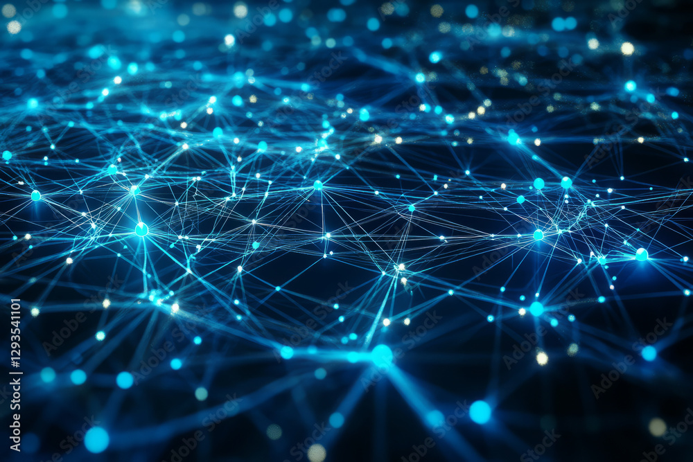 A high-tech data network forming a vast glowing web of interconnected nodes, pulsating cyber circuits, and electric-blue neon pathways. The futuristic sci-fi background represents AI communication, A high-tech data network forming a vast glowing web of interconnected nodes, pulsating cyber circuits, and electric-blue neon pathways. The futuristic sci-fi background represents AI communication,