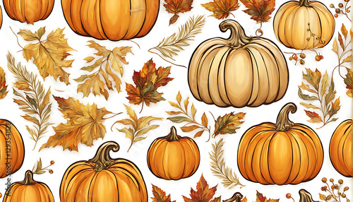 decorative pumpkins with golden leaves and berries