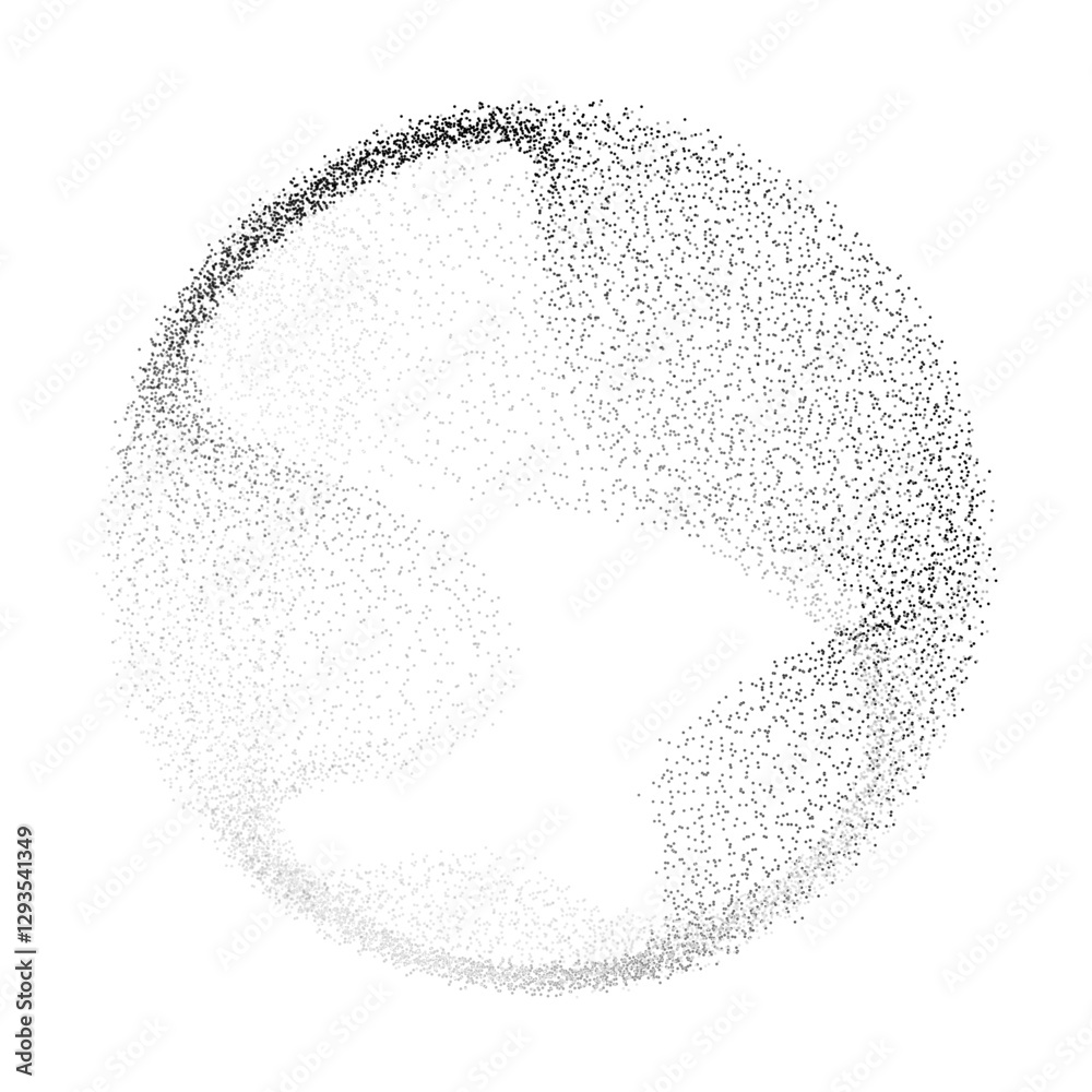 Abstract vector black dot particles fluid flowing round shape wavy smooth curve on transparent background in concept of technology, science, music, modern.