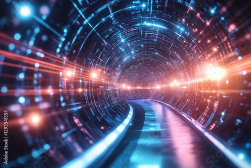 A mesmerizing cybernetic light tunnel filled with glowing data streams, holographic projections, and intricate neural connections. The futuristic abstract background represents AI-driven intelligence,