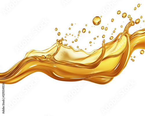 A realistic splash of golden cooking oil spreading in various directions, with small droplets suspended in the air,
