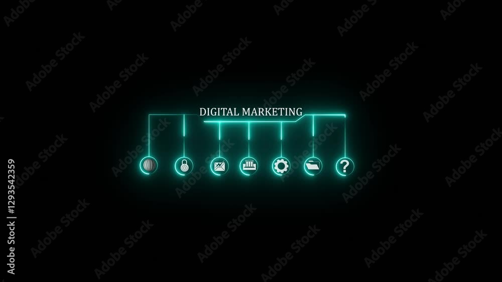 Glowing neon line banner of digital marketing concept with icons of branding, advertising, SEO, social media. on black background