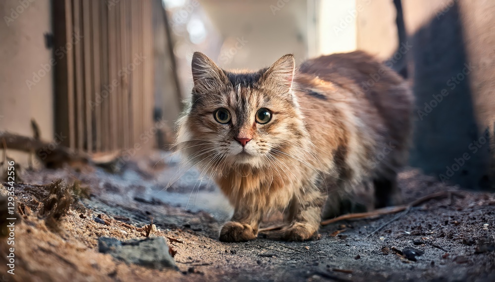Abandoned Feline A Tale of Resilience Amidst Ruins, Depicting a Domestic Cat Lost in an Abandoned Building, Bathed in Soft Shadows with Pristine Fur and a Sparkle in its Eye. Abandoned Feline A Tale of Resilience Amidst Ruins, Depicting a Domestic Cat Lost in an Abandoned Building, Bathed in Soft Shadows with Pristine Fur and a Sparkle in its Eye.