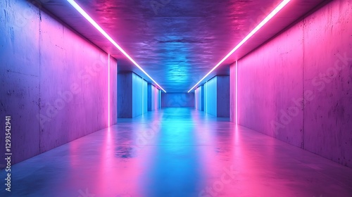 Neon-lit concrete corridor, futuristic, glowing, vibrant, background, design, architecture, abstract
