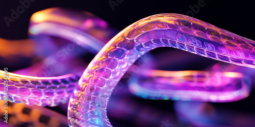 A futuristic abstract background with flowing streams of neon plasma energy, forming intricate wave-like patterns. The glowing ribbons of light twist and intertwine, creating a mesmerizing high-tech