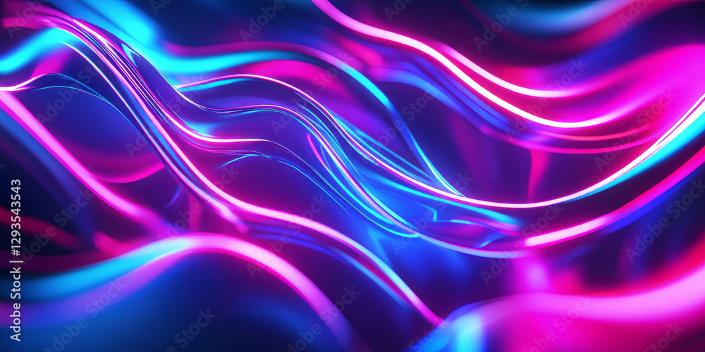 Naklejka premium A futuristic abstract background with cascading, glowing neon arcs dynamically expanding across a seamless digital holographic field. The interplay of radiant reflections and smooth fluid motion