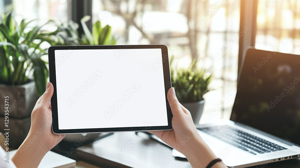 Tablet with white screen mockup in female hands above office desk in modern business center workroom Tablet with white screen mockup in female hands above office desk in modern business center workroom