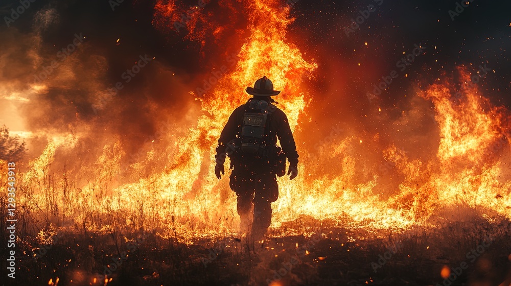 Fototapeta premium Firefighter battling intense flames, showcasing bravery and physical power 