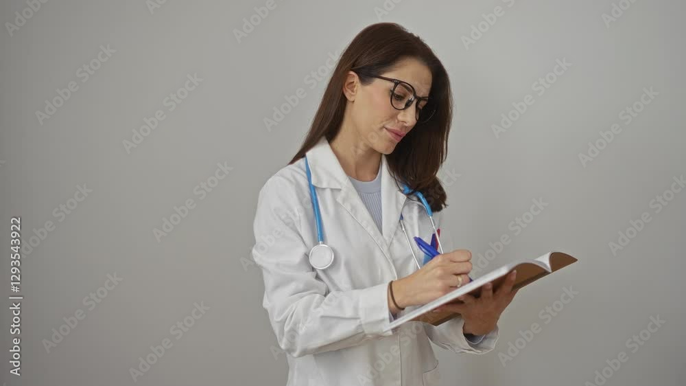 Woman doctor writing notes on clipboard in isolated white background shows professional focus healthcare hispanic female medical expertise indoors. Woman doctor writing notes on clipboard in isolated white background shows professional focus healthcare hispanic female medical expertise indoors.