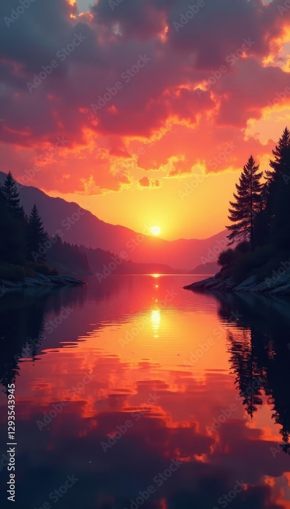 Fototapeta premium Golden hour paints District Lake, vibrant sunset hues reflect on calm water , colours, photography, lake