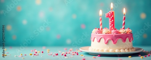 Cute and whimsical first birthday card design with cake and candles, cake, one