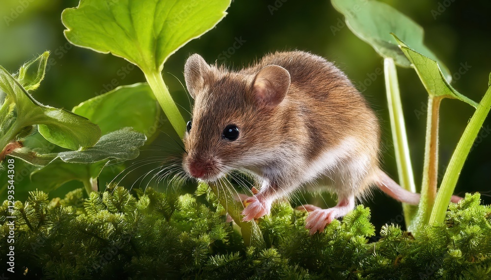 Field Mouse Climbing Plants A Vibrant, Mysterious Scene of Natures Quiet Strength in Early Morning Light, Featuring Green Leaves, Brown Fur, and Dewy Textures with a Sense of Curiosity and Field Mouse Climbing Plants A Vibrant, Mysterious Scene of Natures Quiet Strength in Early Morning Light, Featuring Green Leaves, Brown Fur, and Dewy Textures with a Sense of Curiosity and