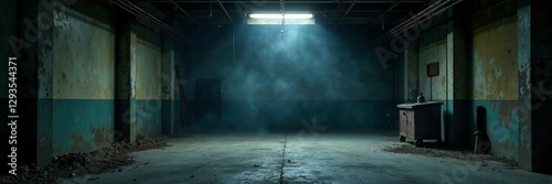 Dark and gloomy garage interior with cobwebs and dust particles floating, old, creepy