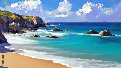 Coastal landscape during a sunny day with waves crashing on the shore and rocky formations under a blue sky