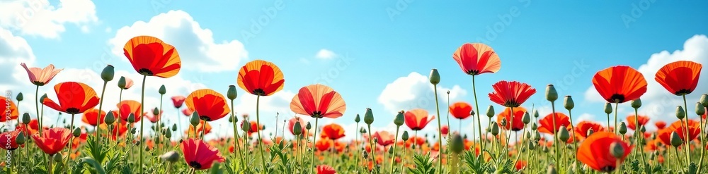 Obraz premium Vibrant iceland poppies overlapping on blue sky backdrop, flowers, nature