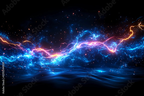 Abstract lightning patterns crackling in a dark, stormy environment with electric arcs and sudden bursts of energy, showcasing nature's raw power and energy
