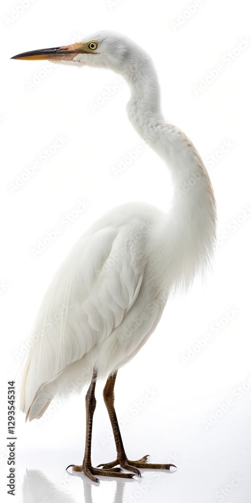 Obraz premium A white bird with a long neck stands on a white background. The bird is tall and slender, with a long beak and a pointed head. Concept of grace and elegance, as the bird's posture
