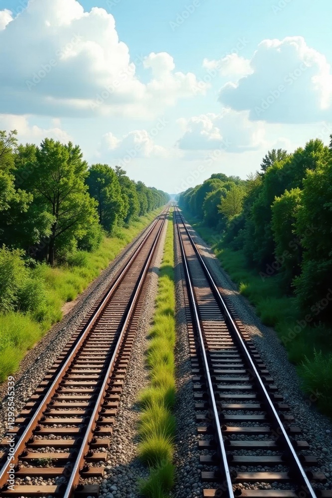 Elevated view of parallel train tracks and highway, rural, crossing, concrete Elevated view of parallel train tracks and highway, rural, crossing, concrete