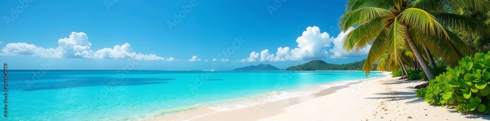 Scenic sandy shore with crystal-clear blue waters and palm trees, sunny, paradise Scenic sandy shore with crystal-clear blue waters and palm trees, sunny, paradise