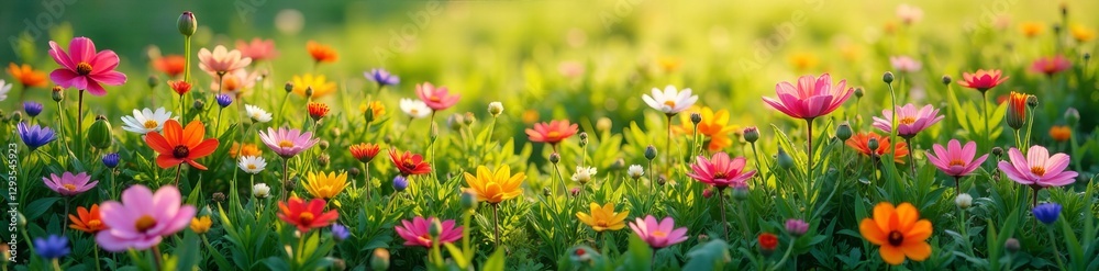Aerial view of a colorful meadow with isolated flowers in a decorative wallpaper, vibrant, isolated Aerial view of a colorful meadow with isolated flowers in a decorative wallpaper, vibrant, isolated