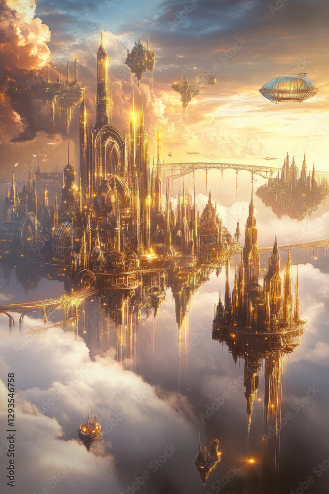 Fototapeta premium Illustration of a magnificent sky city floating among the clouds, its golden spires glistening under the sun. Airships sail past, and bridges of light connect different floating islands, creating a