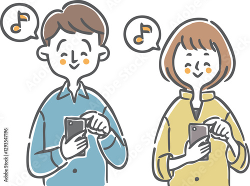 スマホを操作してご機嫌な夫婦　上半身　ベクター