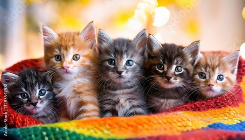 Adorable Kitten Quintet Cozied up on Vibrant Textured Blanket, Portraying Sweet Serenity and Playfulness within a Joyful Interior Setting.