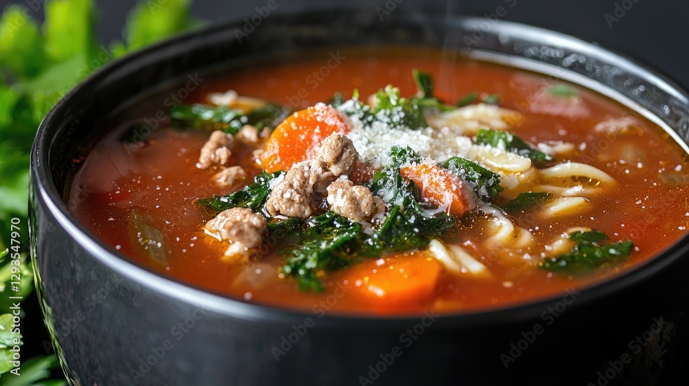 Close-up of Hearty Tomato Soup with Meat and Vegetables Close-up of Hearty Tomato Soup with Meat and Vegetables