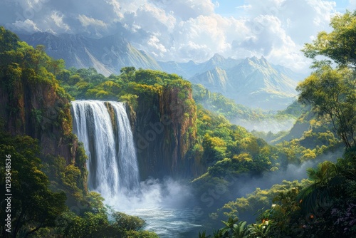 majestic waterfall cascades from a towering mountain, surrounded by lush tropical forest, Generative AI