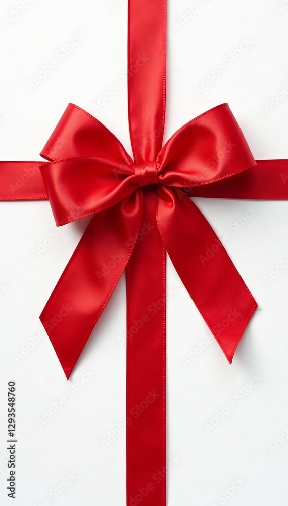 Top view of vibrant red ribbon tied in a perfect bow on a stark white surface, shiny, concept Top view of vibrant red ribbon tied in a perfect bow on a stark white surface, shiny, concept