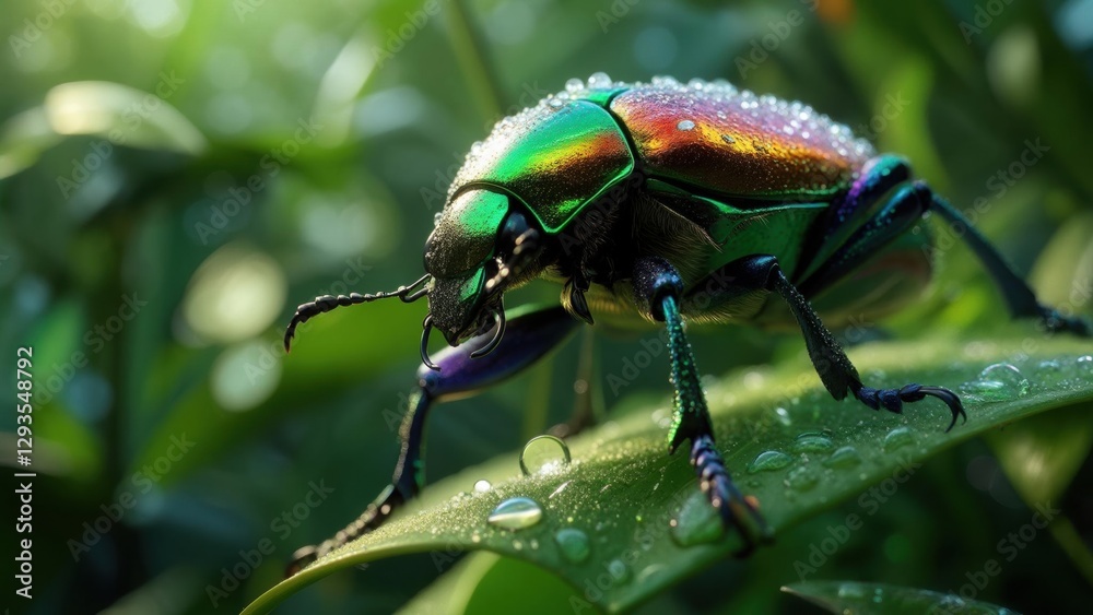 Colorful beetle resting on a leaf with dew in a vibrant green environment Colorful beetle resting on a leaf with dew in a vibrant green environment