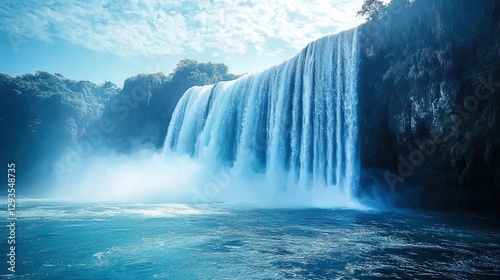 Large waterfall cascading over a cliff, representing unstoppable natural power 