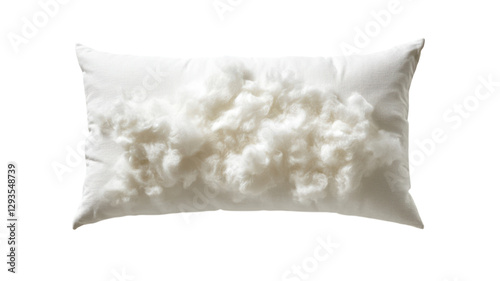 Soft white pillow filled with fluffy material displayed on a plain background photo